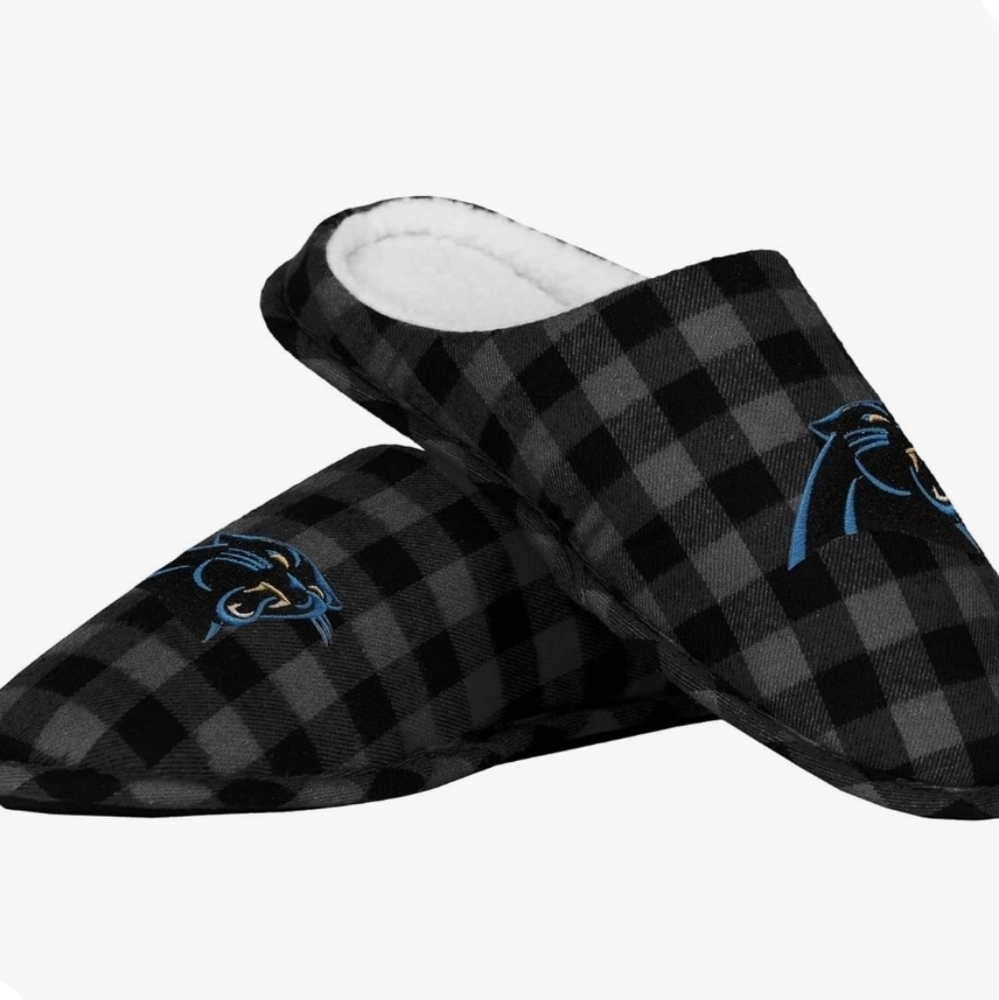 FOCO Carolina Panthers NFL Sherpa Lined Buffalo Check Memory Foam  Slippers 7/8